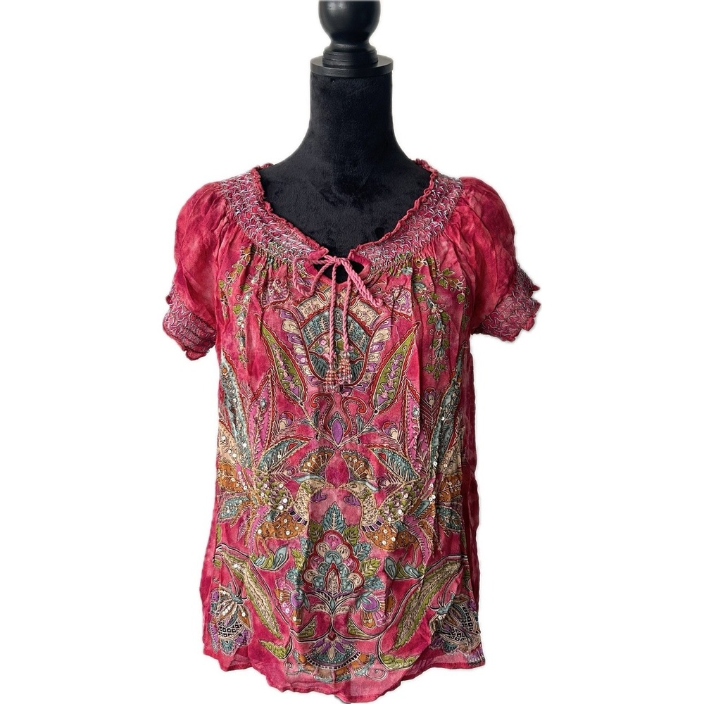 Y2K Pink Boho Embellished Sequin Blouse By Billa Size Small